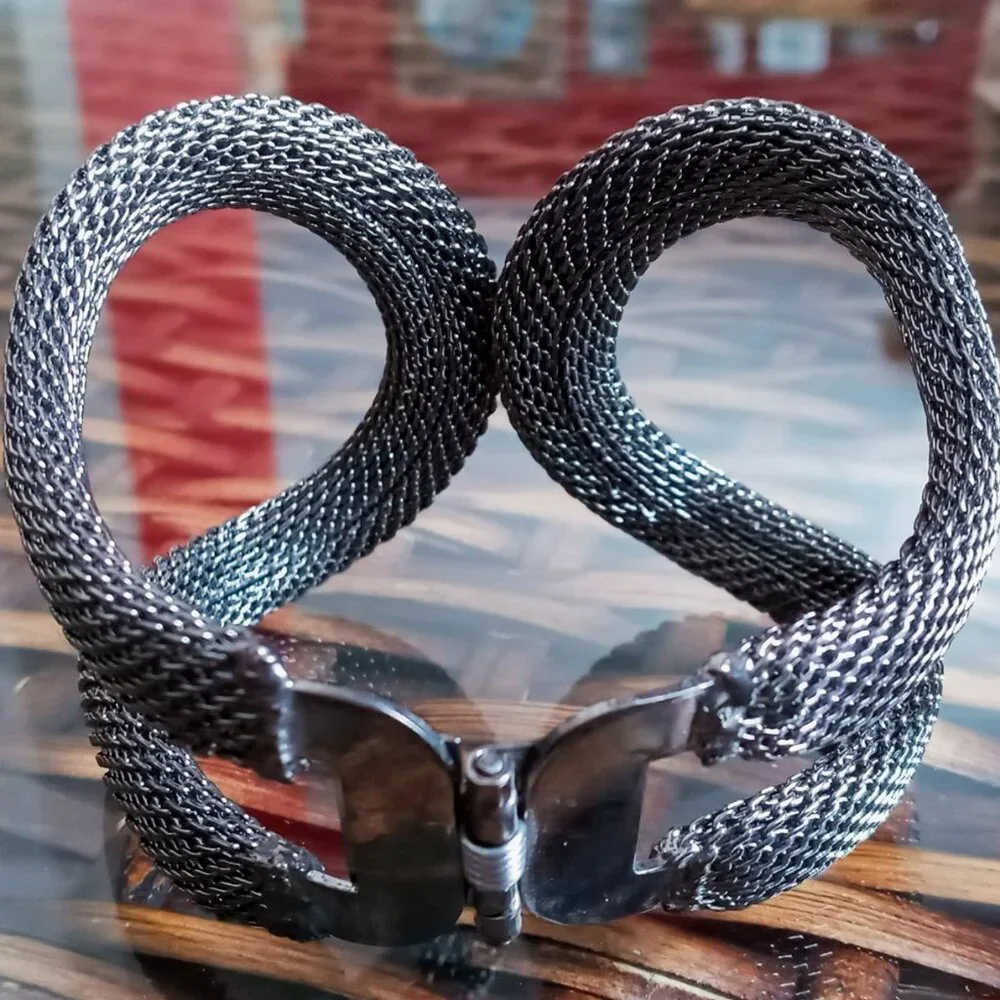 Chunky Alloy Steel Gun Metal Mesh Cuff Infinity Statement Hinge Bracelet - Picture 6 of 10